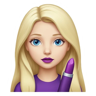 Girl, long blond hair, blue eyes, eggplant as lipstick sticker