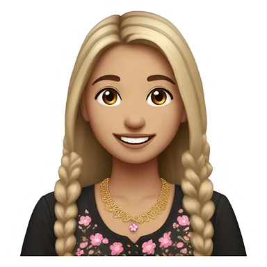 Slavic girl, light skin, brown eyes, black-to-blonde ombre straight tail, smiling with teeth, wearing beautiful dark blouse with a folk pattern of small pink flowers and gold necklace. sticker