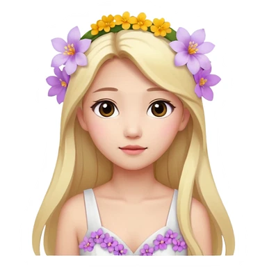 Asian girl with long blonde hair white skin makeup natural with flower in her ear, her dress is white and pink lil flowers  sticker