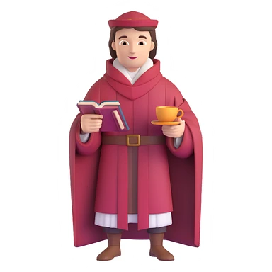 person with book and teacup, Chaucer in medieval robe behind, simple background sticker