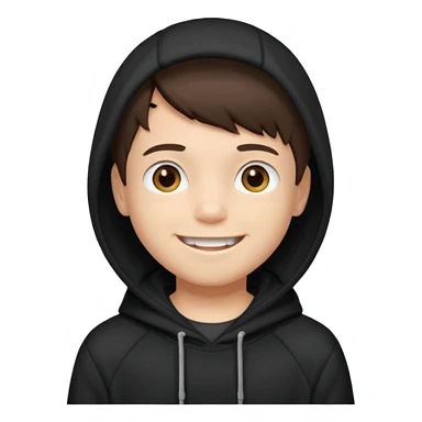 A brunette boy, short straight hair, light brown eyes, with a black sweatshirt with a hoodie, and smile without teeth  sticker