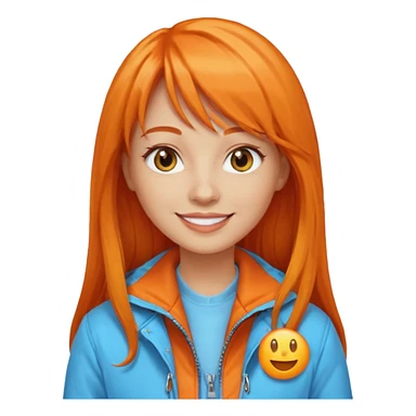 Create a custom emoji-style character inspired by a smiling woman with long orange hair and bangs, light skin tone, light blue eyes, and wearing an orange jacket sticker