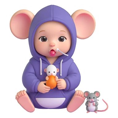 a baby with a pacifier and a hoodie, holding a mouse, looking curious and smart sticker