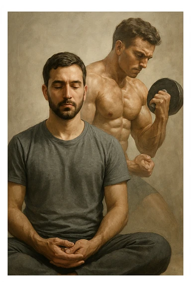realistic style, expressive details, man sitting visualizing himself training and growing muscular through the power of the mind, 2:3 aspect ratio sticker