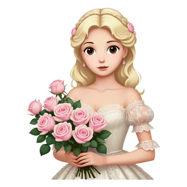 Blonde model with brown eyes wearing a white lacey rococo gown clutching a giant bouquet of cream and pink roses sticker