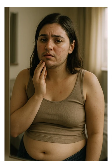 A realistic, cinematic portrait of a young woman in her late 20s standing in front of a mirror, visibly concerned while touching her chin and jawline where small dark facial hairs are noticeable, indicating hirsutism. Her skin appears oily, with a few cystic acne spots on her cheeks and jaw, and her dark hair is slightly greasy, indicating increased sebum production due to androgen excess. Her body shows mild abdominal bloating, and she looks at herself with a mix of frustration and sadness, capturing the emotional struggle linked to PCOS. The scene is set in a softly lit bedroom or bathroom with neutral daylight, with a clear mirror reflection to emphasize self-observation and discomfort. Style: realistic 35mm cinematic look, soft focus on her face and hair details, warm tones to keep it human and relatable sticker