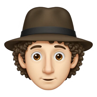 a guy with a huge nose short stringy curly hair and a small hat sticker