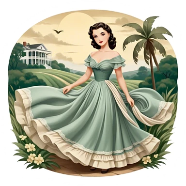 Icon for Romance Movie: A vintage movie poster-style design inspired by Gone with the Wind. Include romantic, sweeping imagery like Scarlett O'Hara in a flowing dress, Rhett Butler, a plantation backdrop, and fluttering wind-blown fabric. Soft, nostalgic cinematic feel. Transparent background. sticker