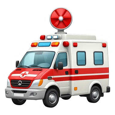 A modern white-and-red ambulance van with flashing rooftop siren.
 sticker