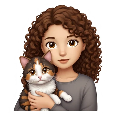 Chica morena clara con ojos grandes y café oscuro, con pelo rizado café oscuro y mechones café claro cargando un gato Calico  sticker
