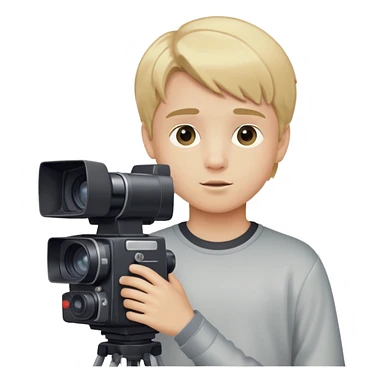 boy with medium blonde hair filming with a VHS camera sticker