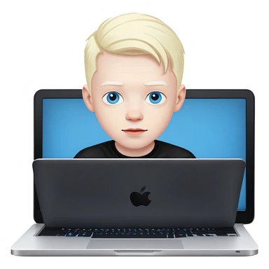 albino youtuber on black laptop with desk with blue eyes sticker