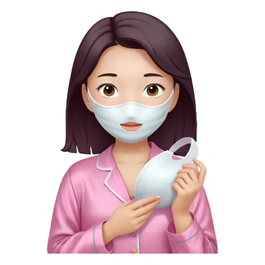 angelic asian girl doing skin care in pink pajamas, holding a face mask sticker