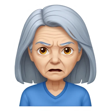 a portrait of angry elderly woman, long hair, wearing shirt sticker