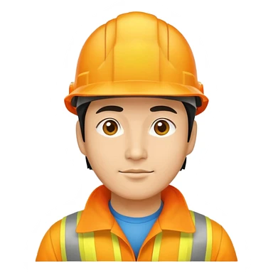 Man of Chinese appearance wearing an orange helmet with a yellow hat on top sticker