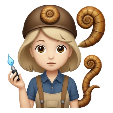 Shelly has a small, chibi-style body with a large ammonite-shaped head that looks like a beige fossil shell. One side of her head has a dark opening, making it clear she isn’t human. Her face is simple and soft, with big round eyes. She wears a brown suspender outfit over a lighter shirt sticker