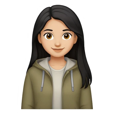 Can you create an emoji of a girl smiling but not showing the teeth. olive brown complexion color, dark long hair color black, brown eyes and with a casual outfit sticker
