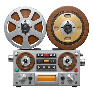 3D render of Reel-to-Reel, vintage 1980s audio equipment aesthetic, tactile analog buttons, silver metallic face with two large brown magnetic tape wheels, mixed wood grain and brushed aluminum textures, Apple emoji style, isolated on white background --v 6.0 sticker