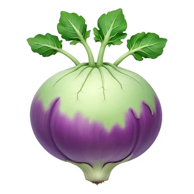 whole kohlrabi bulb, smooth pale green to light purple skin, round and slightly flattened, a few short leafy stems emerging from the top, firm surface with faint natural lines and gentle bumps, soft lighting, subtle shadows, emoji scale sticker
