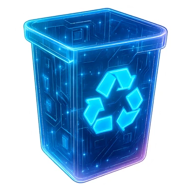 Create an empty recycle bin icon in a cyberpunk, holographic style with glowing neon blue and pink edges, circuit patterns throughout the bin, futuristic and clean look, consistent cyberpunk glow and intricate circuit details, matching the style of the previous cyberpunk icons. sticker
