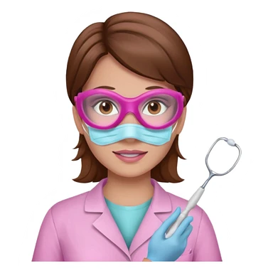 Dentista mujer con mascarilla rosada, cabellos marron, piel blanca, camisa rosada, ojos marrones sticker