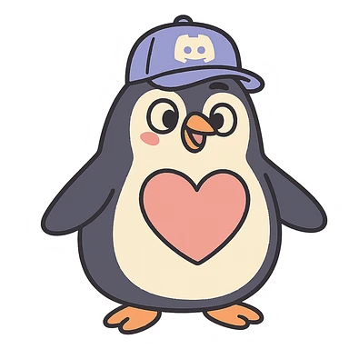 large penguin wearing a Discord hat with a large heart on its chest in pastel-toon style sticker