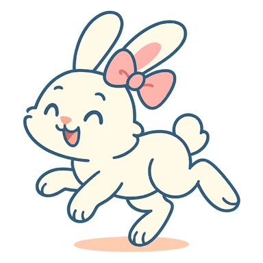 cutesy white bunny rabbit with a pink bow, hopping with floppy ears, pastel toon style sticker