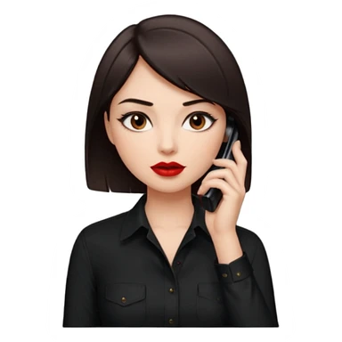 generate a pretty fair bratz girl with dark brown eyes. Dark brown hair straight short hair. tight black button up shirt with top shirt open.  Talking on the phone. Red lipstick, eyeliner on sticker
