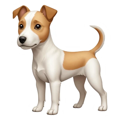 a full body facing front on of a buff white parson russell terrier looking dog the size of a kelpie with light brown long ears resting on its face and a light brown patch on one eye and a large snout. the rest of the dog is completely white.  sticker
