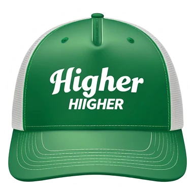 green higher trucker hat with center text "HIGHER" written on it,  white center sticker