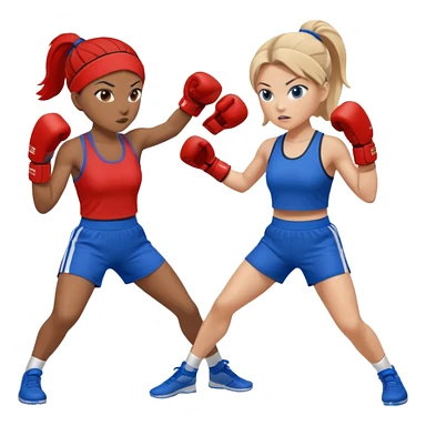 two women sparring, one in blue and one in red sticker