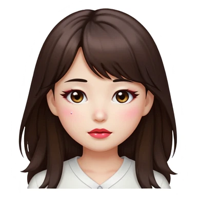 “japanese style Emoji brunette girl long hair with side bangs white top, dewy skin, heavy blush across cheeks and nose bridge, glossy cherry lips, soft eyeliner, teary sparkling eyes sticker