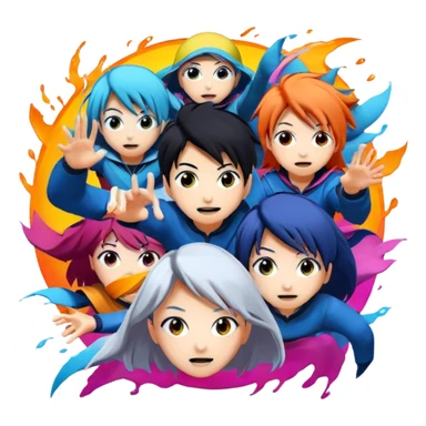 Icon for Anime: vibrant, dynamic scene with anime characters in action, featuring exaggerated expressions and colorful backgrounds. The design should reflect the distinct, energetic style of anime, with iconic eyes and unique visual elements. Transparent background. sticker