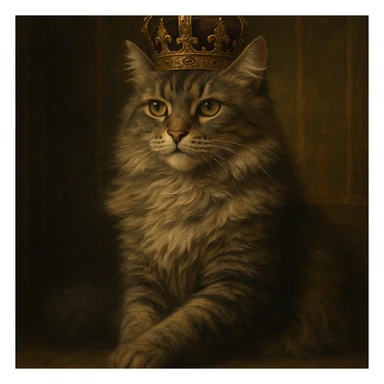 queen cat, regal feline with crown, elegant pose, detailed fur, royal atmosphere sticker