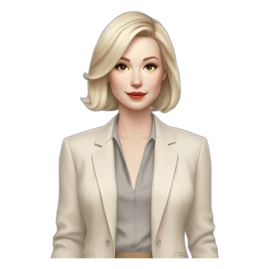 pale skin woman with ash blonde Straightened bob Hair, White Spacious classical jacket, beige palazzo Arrow pants and gray blouse holding a color palettes in the hands sticker