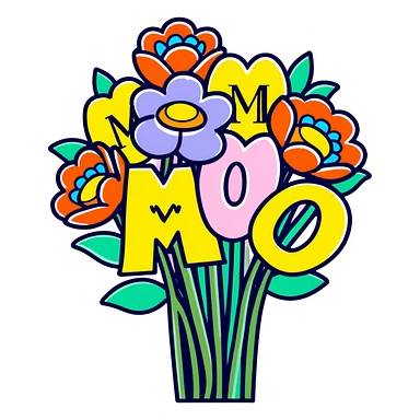 Mother's Day sticker, bouquet of flowers with 'Mom' text, colorful, cartoon style sticker