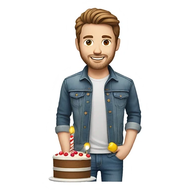 White man brown hair jeans jacket with birthday cake sticker