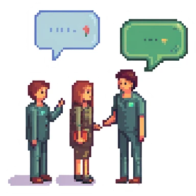 two people having a conversation, each with a speech bubble in a different language sticker