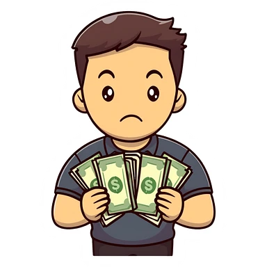 dark brown haired guy with a round face, disappointed expression, holding a stack of cash sticker