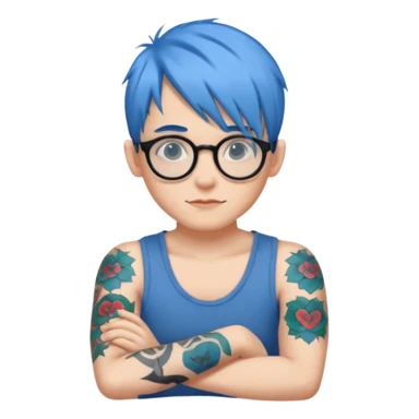 person with blue hair and round glasses, arm tattoo sticker