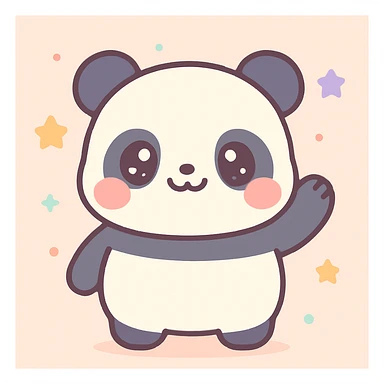 kawaii style chubby panda waving, blushing cheeks, pastel background sticker