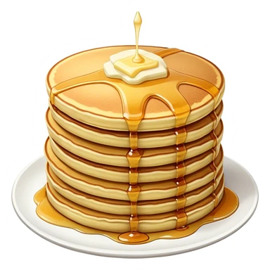 Cinematic fluffy golden pancakes, stacked high, drizzled with maple syrup, topped with fresh butter melting on top, light dusting of powdered sugar, warm and inviting, soft glow and mouthwatering. sticker