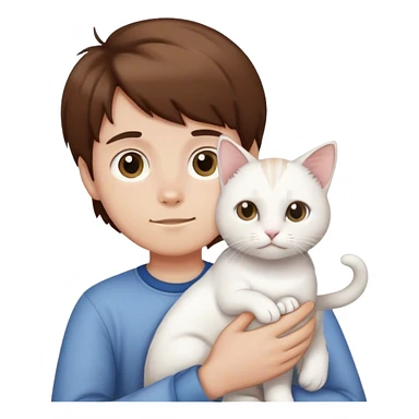 Boy with brown hair holding white cat sticker