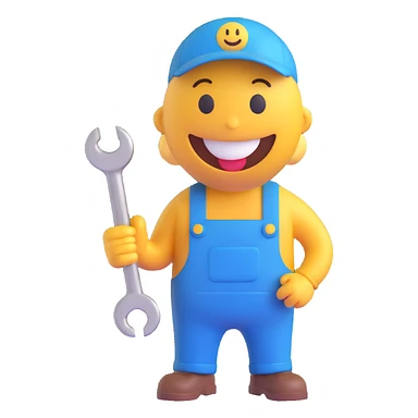 3D smiley emoji, round shape, car mechanic wearing blue overalls, holding wrench, smiling face sticker