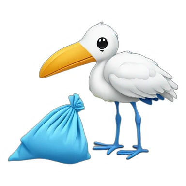  A stork is carrying a blue bundle of cloth in its beak that has a cute white baby face peeking out from it with black head sticker