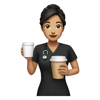 Hispanic woman in black scrubs holding coffee sticker