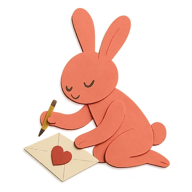 coral bunny kneeling while writing a love letter, paper-craft style sticker
