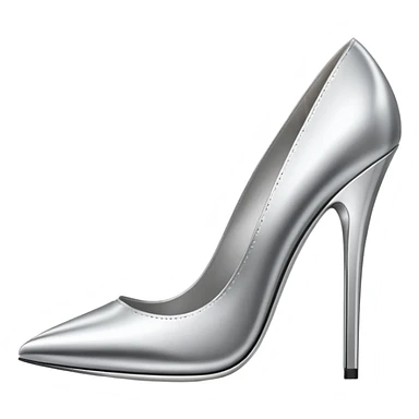 A pair of high heel shoes emoji made of polished silver chrome, elegant sharp silhouette, smooth metallic surface, glossy reflections, luxury sexy vibe, minimalistic iOS emoji style, centered, clean white background sticker