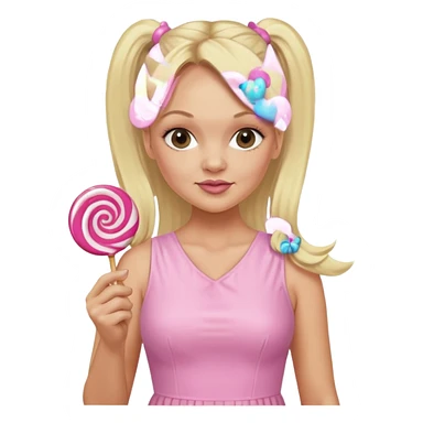 Emma Bunton with long blonde ponytails wearing light pink body dress holding a lollipop sticker