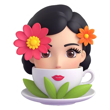 espresso cup with a glamorous lady face, long eyelashes, beauty mark, and a flower on the rim sticker
